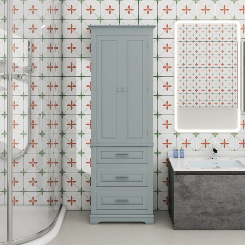 Armoire de rangement autoportante pour salle de bain avec 2 portes, tablette réglable et 3 tiroirs, Gris