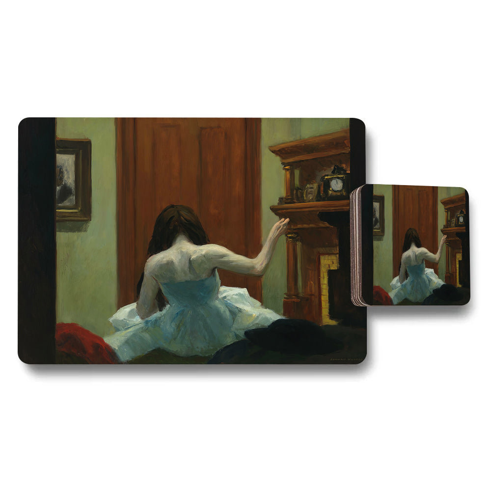 Placemat And Coaster Set Featuring Woman In Blue Dress By Fireplace