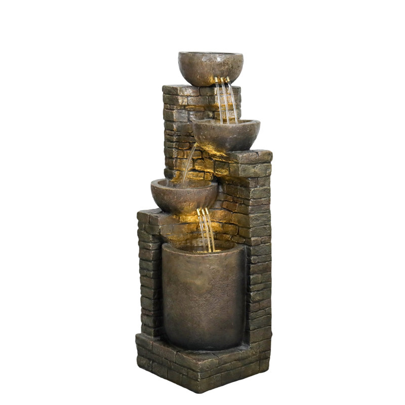 Outdoor Water Fountain with LED Lights - 38.2" Tall 4-Tier Cascading Resin Fountain, Weather Resistant Garden Waterfall Fountain for Patio, Backyard, Lawn