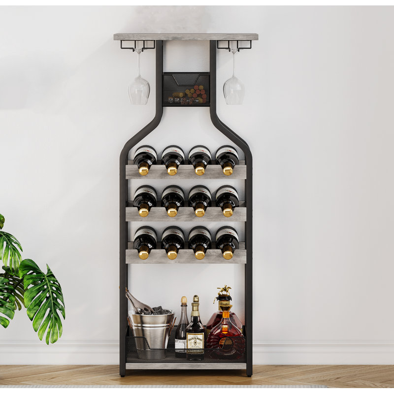 Mini table de bar multifonctionnelle avec porte-bouteilles d'angle et support de rangement, Gris