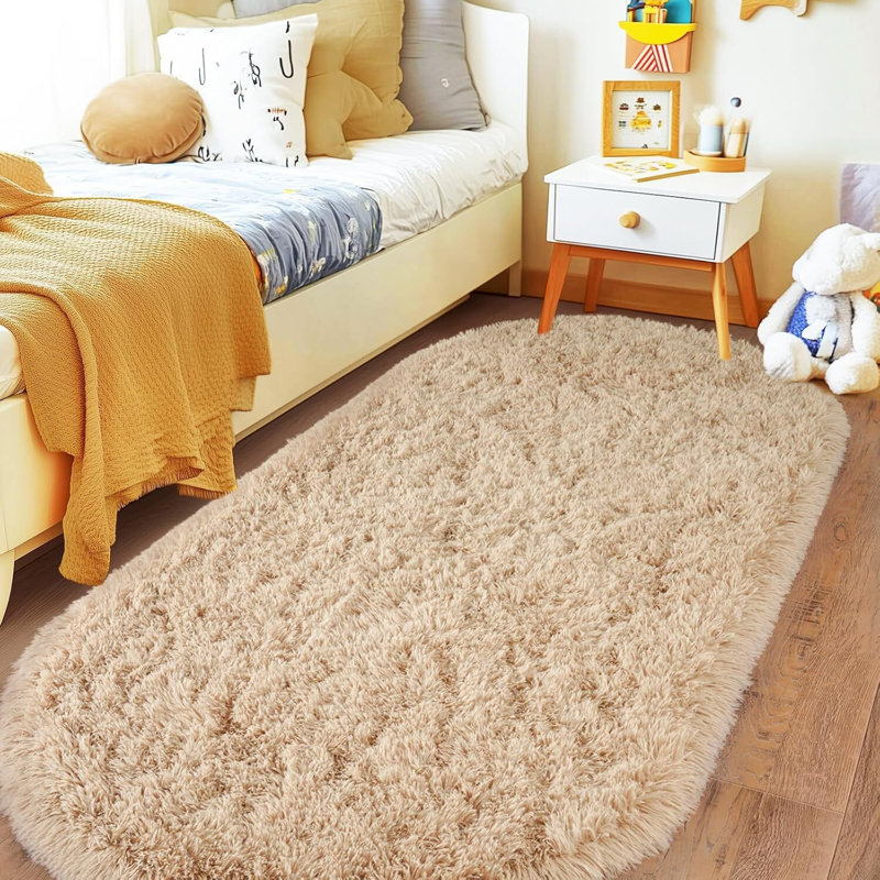 Soft Fluffy Area Rug for Bedroom, Camel Fuzzy Shaggy Oval Throw Rugs for Bedside, Non-Slip Cozy Plush Shag Carpet for Kids Room Nursery Dorm Living Room, 2.6 x 5.3 Feet