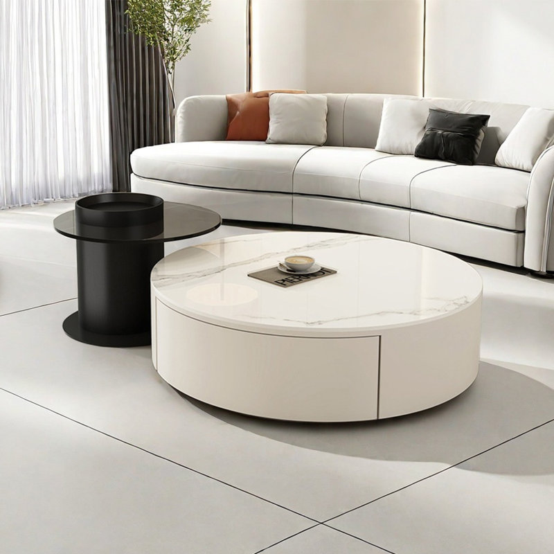 Modern simple round combination coffee table, 12.2" H x 31.5" L x 31.5" W, White