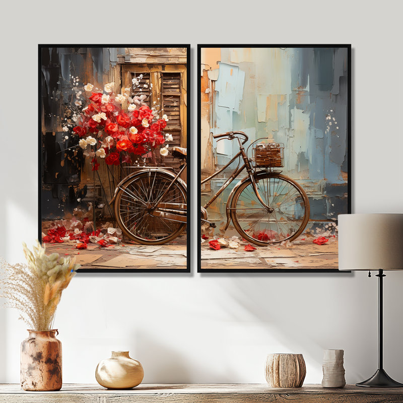 Crimson Ride Red Flowers - Art mural moderne 2 panneaux, Noir, H 36 po x l 48 po, Impression encadrée flottante