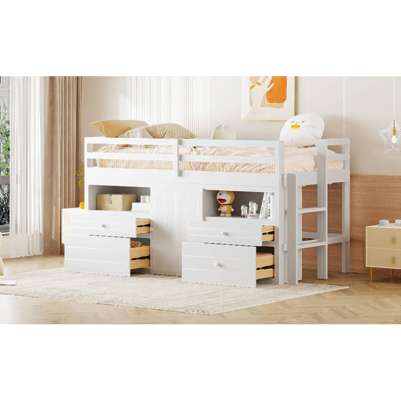 Twin Size Loft Bed With 4 Drawers, Underneath Cabinet And Shelves, White