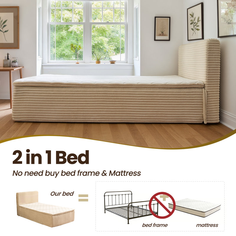 Lit plateforme tapissier tout-en-un rembourré avec matelas en mousse et lit de compression, Lit simple, Beige