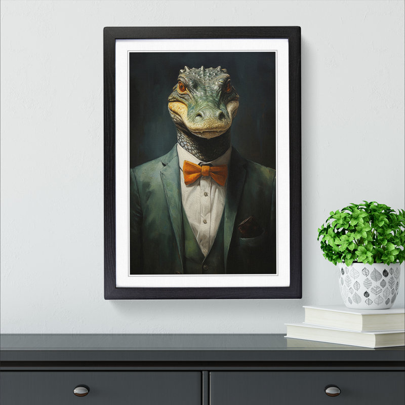 XYZ-FRM-V1223-455 Crocodile In A Suit Painting - Single Picture Frame Print on Wood, Black, 64cm H x 46cm W x 2cm D