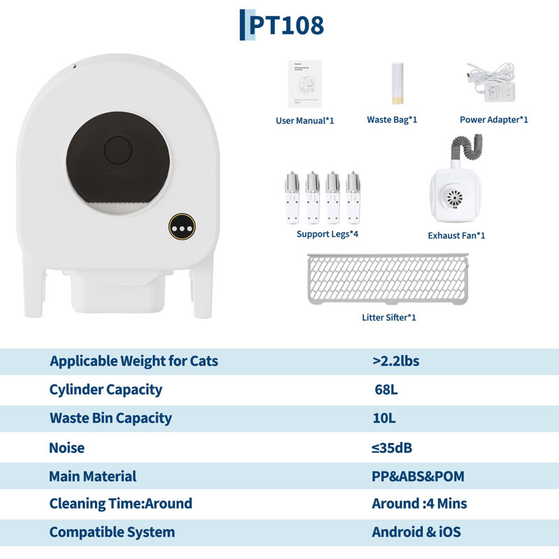 Boîte à litière automatique autonettoyante pour chat avec application de sécurité Smart WiFi