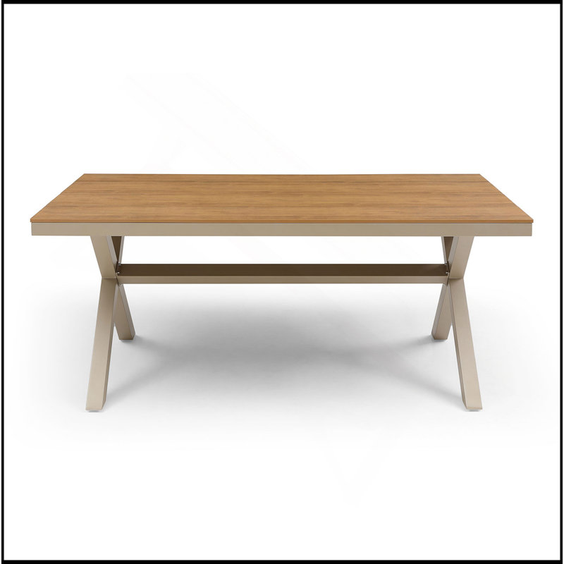 Table de salle à manger durable en teck avec pieds en aluminium en forme de X pour une utilisation à l'extérieur, parfaite pour la terrasse et le jardin.