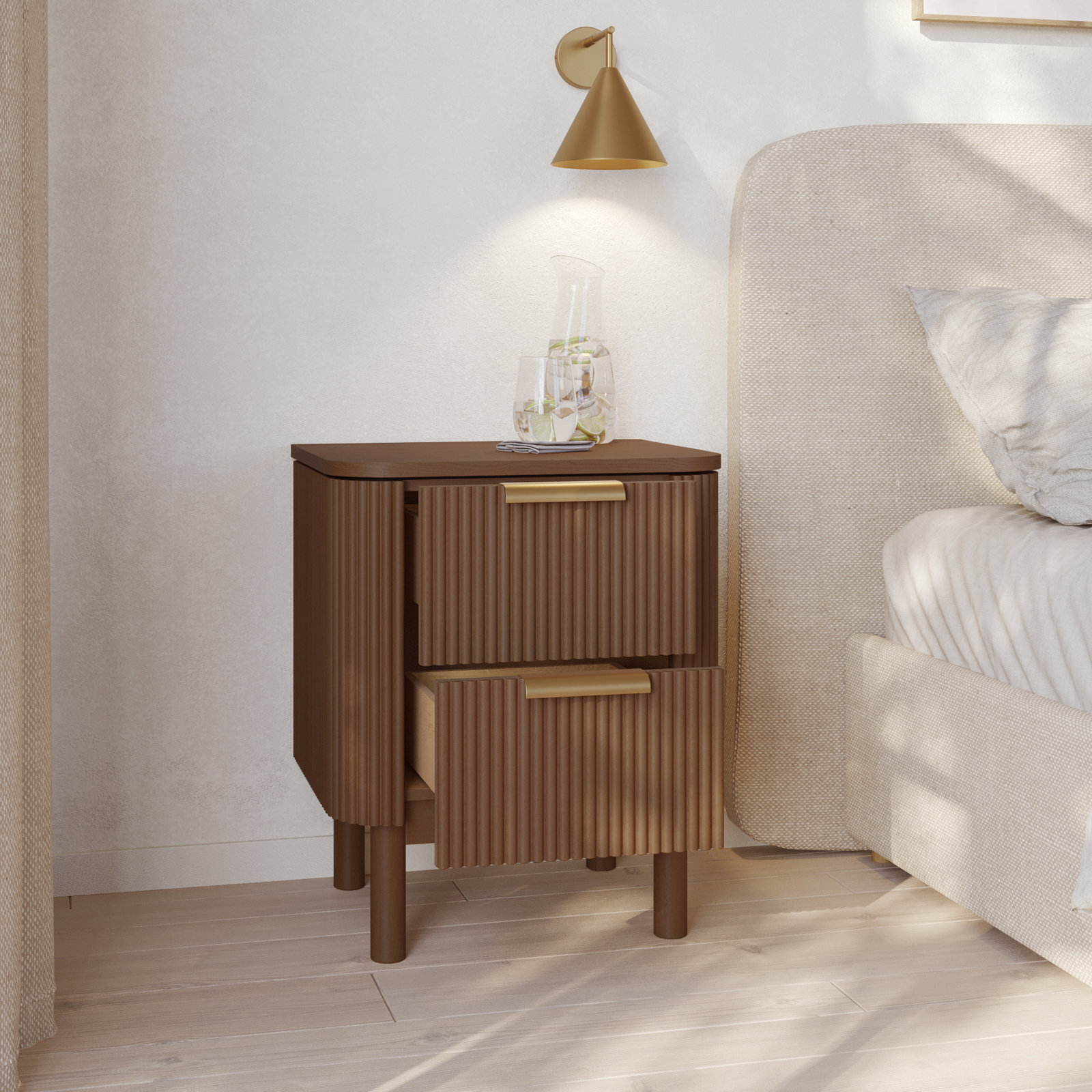 Nova Reeded 2-Drawer Nightstand, Brown Reeded Birch