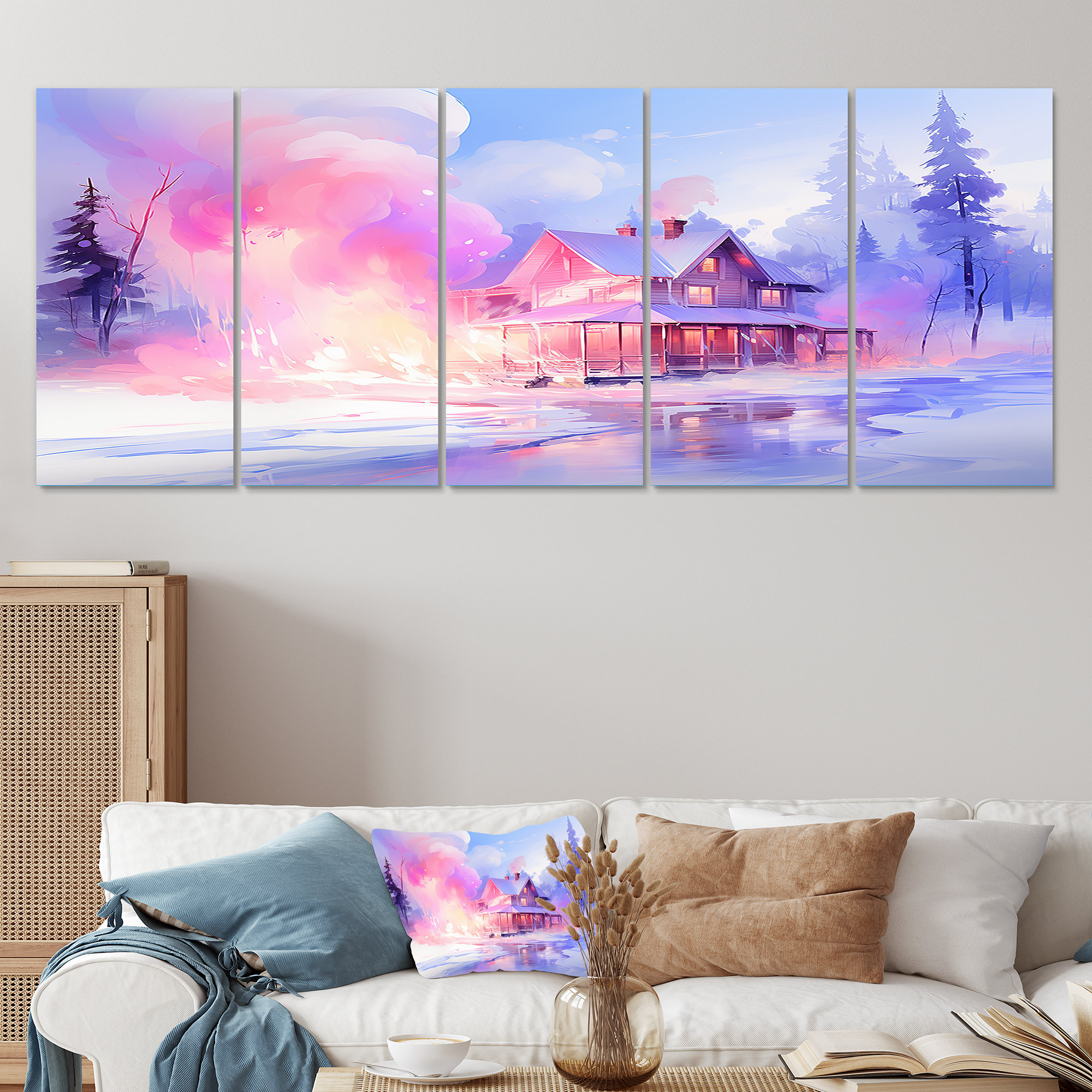 Millwood Pines Pink And Purple Winter Cottage - Winter Landscape 5 ...