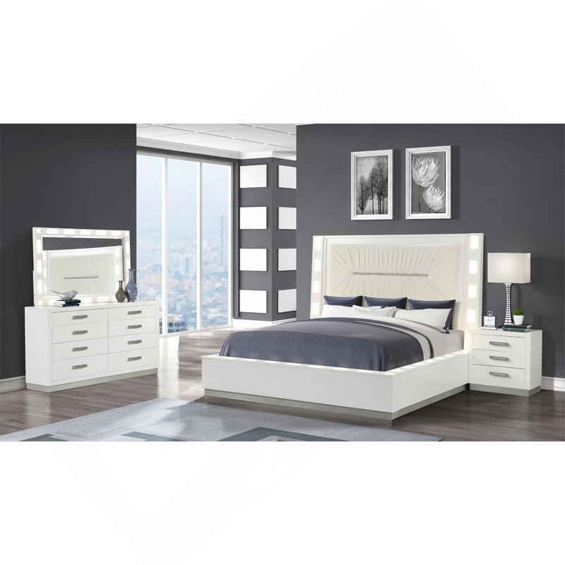 Ensemble de chambre avec grand lit 4 pièces à DEL en bois blanc laiteux