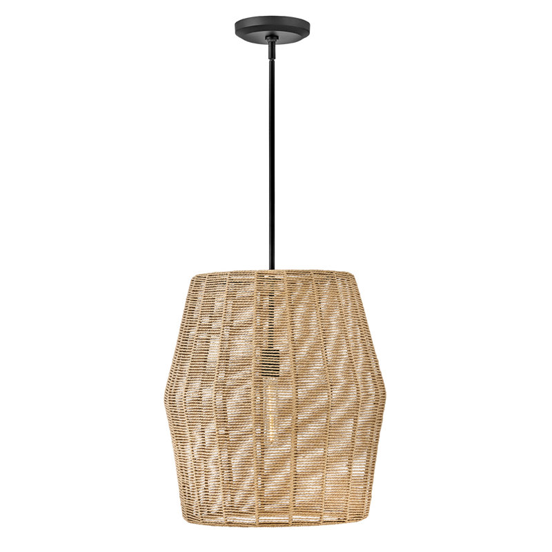 Grand luminaire suspendu Ariza, Noir avec abat-jour en rotin brun clair, Chameau