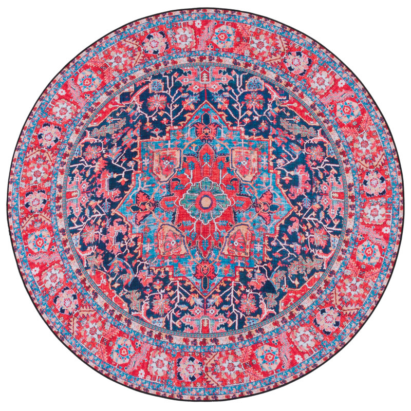 Tucson Vintage Look Machine Washable Non-Slip Area Rug in Red, Pink & Blue, Round 183 cm