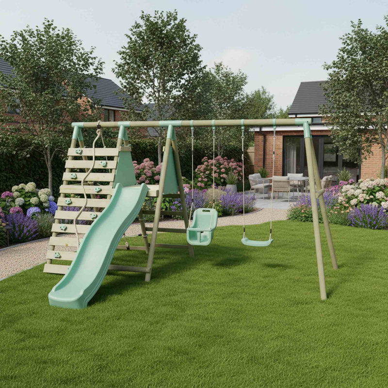 Mercia Wooden Round Pole Single Swing & Baby Seat Swing With Climbing Wall & Slide