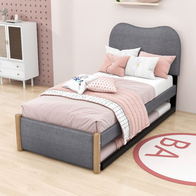 Jasontyler Wood Upholstered Platform Bed with Headboard and Twin Trundle