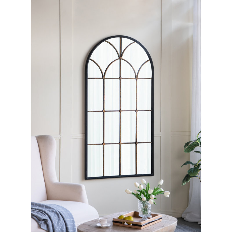 34X65.5" Arched Mirror With Black And Gold Design For Living Spaces, Making A Bold Statement Reflecting Elegance