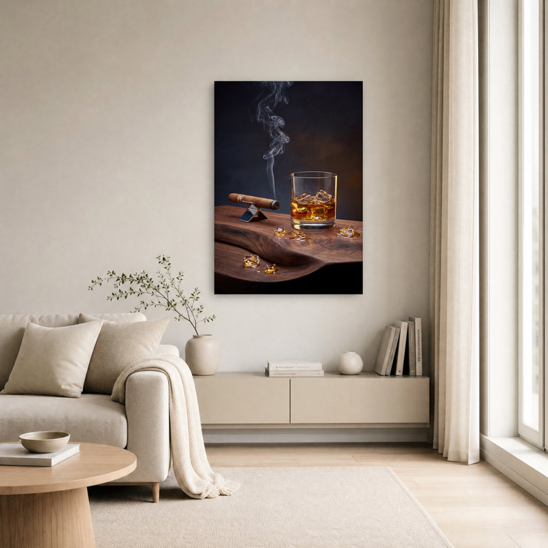 Whisky avec glace et cigare sur toile, art mural, H 18 po x l 12 po