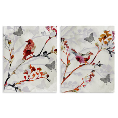 "Flower Birds on Branch", ensemble de 2 toiles murales par Susan Jill