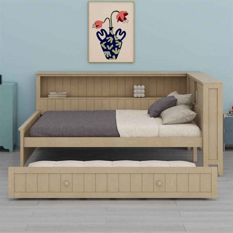 Lit de jour en bois avec tablettes de rangement et lit gigogne