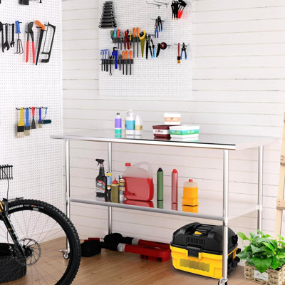 30 X 60 Inches Stainless Steel Table With Wheels And Adjustable Undershelf - For Kitchens, Garages, Bars Design, Handles Heavy Loads, Easy To Assemble 60x30x34 Metal Prep Indoor Outdoor Spaces,