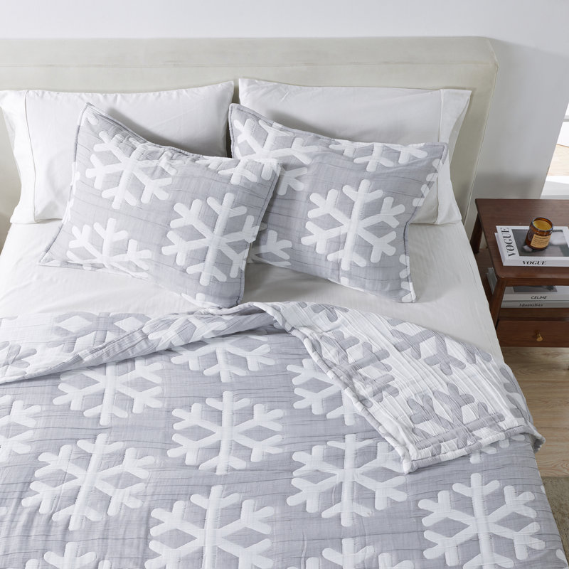 Ensemble de courtepointe réversible flocon de neige, Gris / flocons de neige blancs