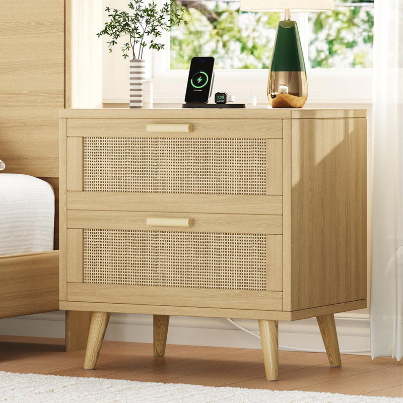 23.6" Wide Rattan Nightstand With Charging Station - 2-Drawer Boho Bedside Table With 2 USB & 2 AC Outlets - Wooden End Table With Solid Wood Legs - Natural Oak