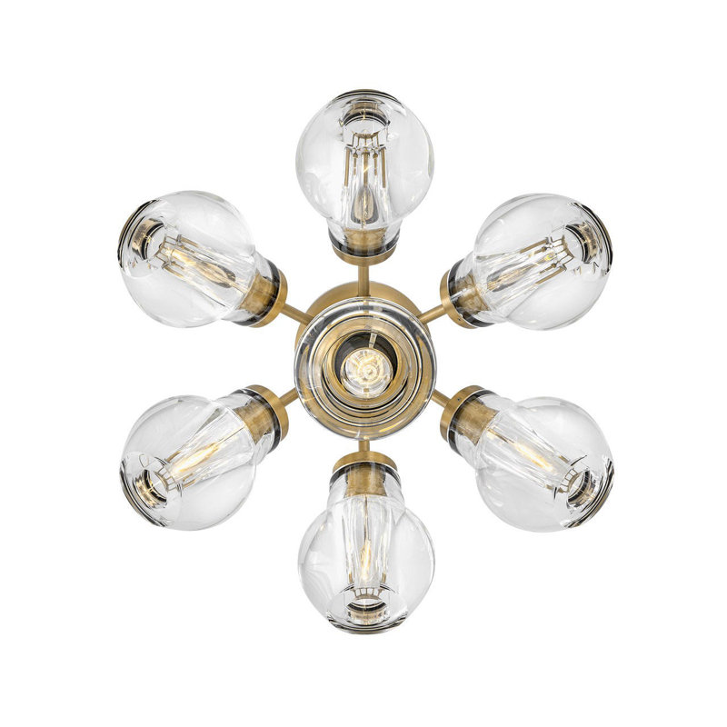 Elise Seven-Light Semi-Flush Mount Cluster Light w/ Thick-Cut Cystal Shades, Heritage Brass