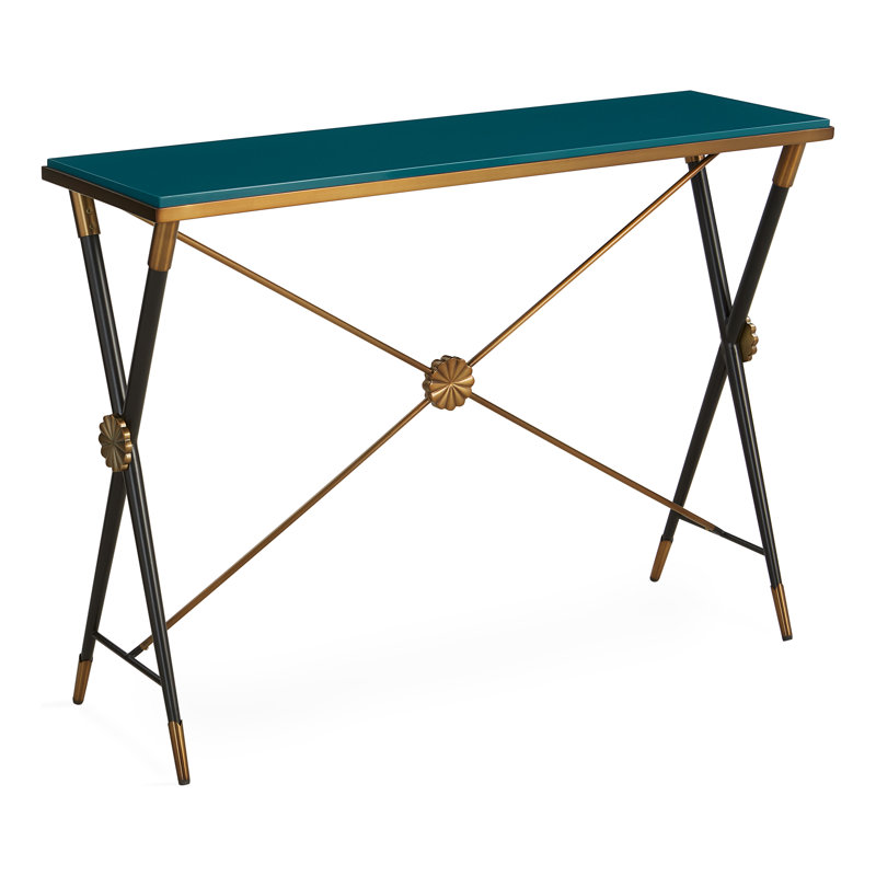 Teal Lacquer and Blackened Steel Console Table with Brass Accents