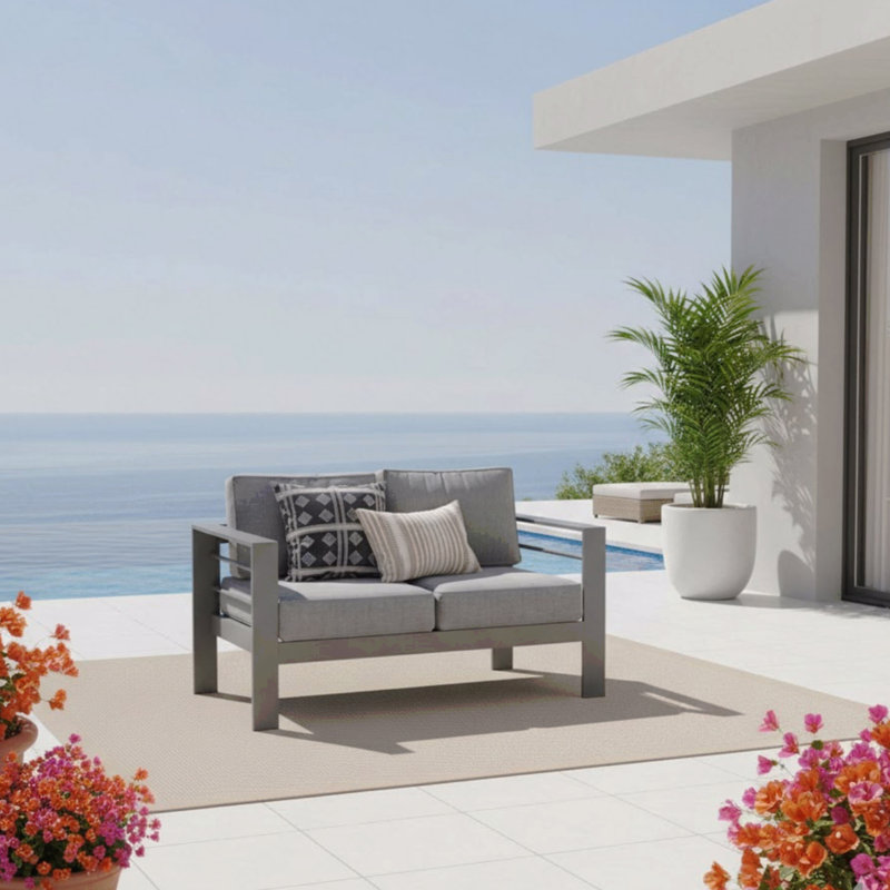 50" All-Weather Aluminum Patio Loveseat With  Thick Dark Gray Cushions & Gray Frame, Dark Gray Cushion/Gray Frame