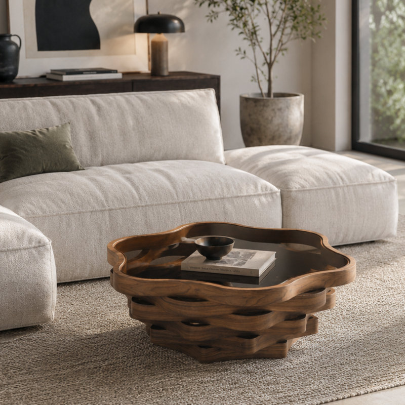 Table basse 35,83 "en forme de nuage moderne avec plateau en verre trempé teinté et base en panneau de fibres à densité moyenne noyer