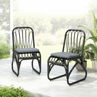 Outdoor PE Wicker Dining Chairs with Washable Cushions Set of 2, All-Weather Rattan Patio Chairs with Iron Frame for Backyard, Poolside & Garden