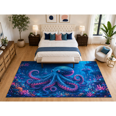 Grand tapis de chambre à coucher pour poulpe néon de 6 pi 7 po x 9 pi 10 po de style «Ultra Thin», tapis d'intérieur doux à poils courts et envers antidérapant en silicone, bleu foncé