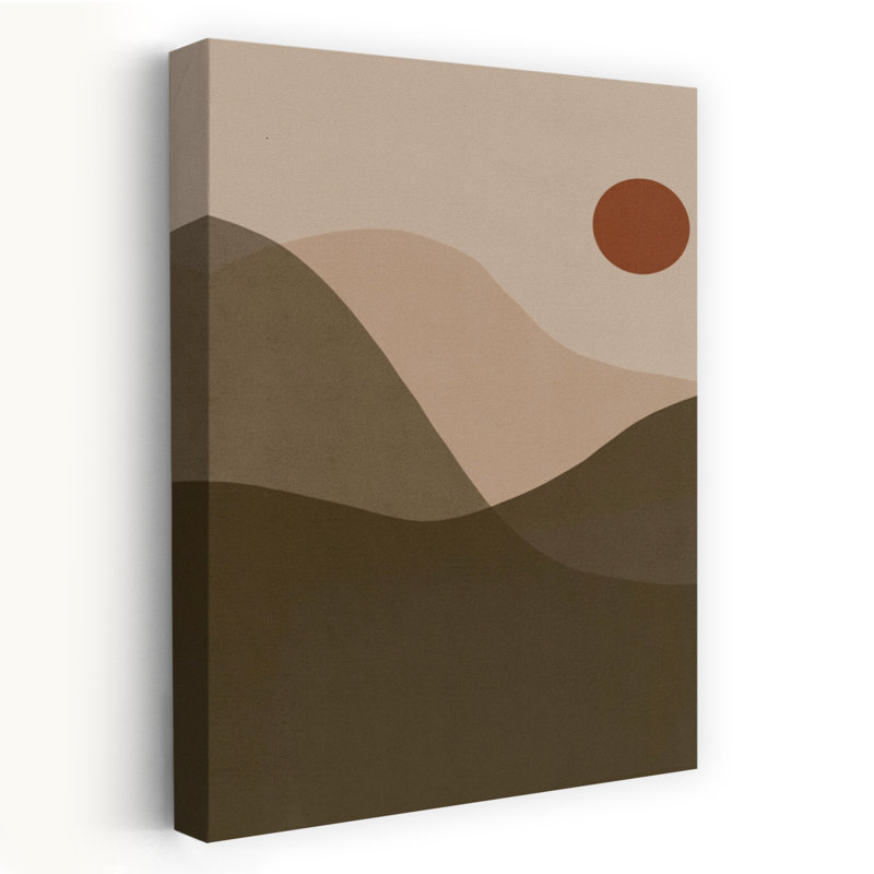 Affiche murale minimaliste moderne représentant un paysage désertique abstrait avec soleil et nature, H 48 po x l 32 po