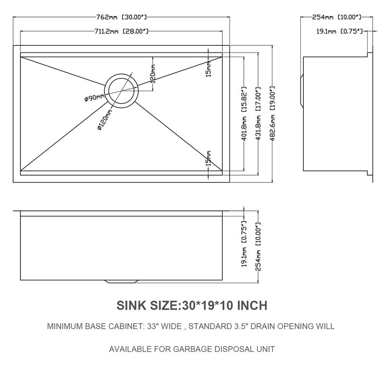 30 " L Undermount Single Bowl Stainless Steel Kitchen Sink