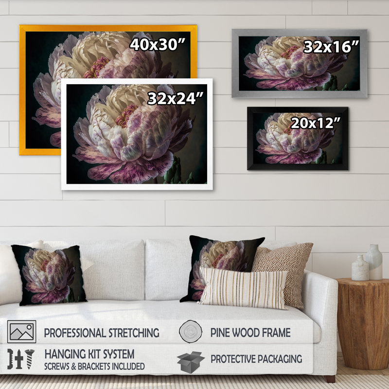 «Blossoming Pink and White Peony II», reproduction sur toile, Cadre simple noir, H 12 po x l 20 po x P 1 po