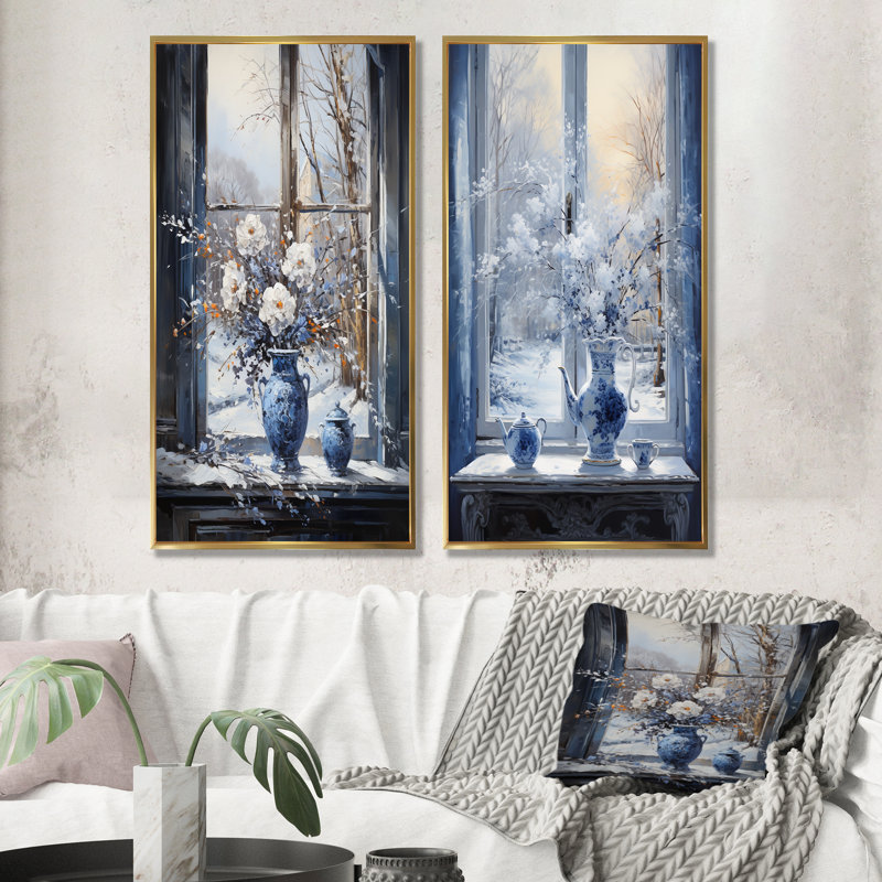 «White Winter Blue Window Still Life II - Winter Landscape», ensemble de 2 reproductions d'art sur toile, Cadre flottant doré