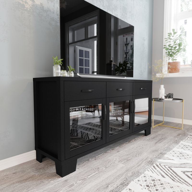Engineered Wood Buffet Sideboard Storage Cabinet With 3 Drawers, Doors, Black