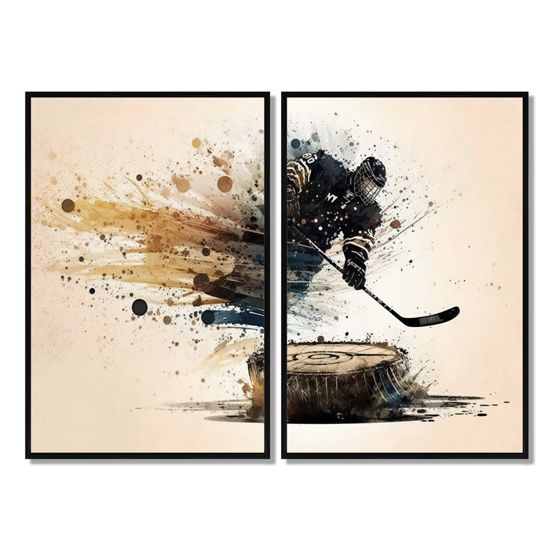 Joueur de hockey frappant une rondelle - art mural moderne 2 pièces, 36'' H x 48'' W, Impression encadrée flottante, Black