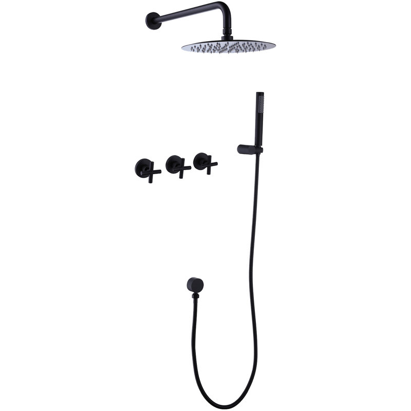Rain Shower System Set 3 Cross Knobs Mixing, 10 Inch Rainfall Shower Head with Handheld Spray with Rough-in Valve, Black