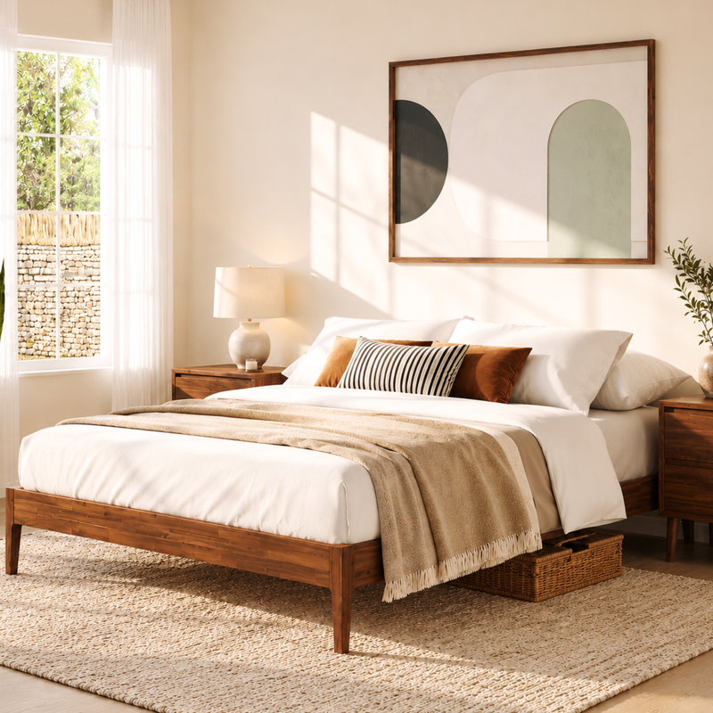 Jaxson Modern Acacia Solid Wood Platform Bed Frame, Exclusive Curved Bed Legs, No Headboard, 800lbs Heavy Duty Capacity, No Box Spring Needed