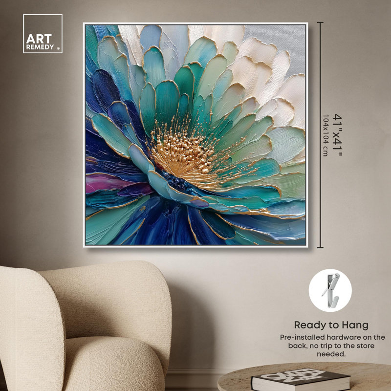 Reproduction d'art sur toile Sculpted Teal Bloom par Art Remedy, H 20" x l 20", Cadre blanc