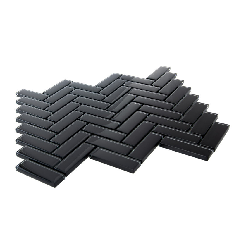 11"X 12.6" Herringbone Polished Glass Mosaic Tile, Black