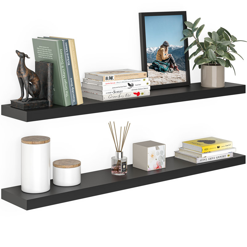 Black Veneered Wood Floating Shelves with Invisible Brackets, Set of 2