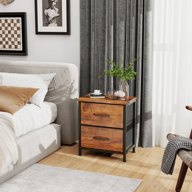 Table de chevet 2 tiroirs en bois et tissu avec tablette ouverte , Brun, 2