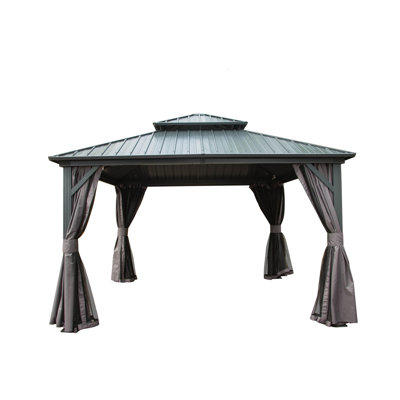 Gazebo de 3,65 m x 3,65 m avec structure en aluminium et double toit - Polyvalent pour patio, cour arrière, terrasse, pelouse, espace de travail gris pour pelouse - Fonctionnel et pratique.