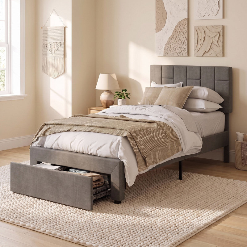Lashawnda Modern Style Fabric Upholstered Bed Twin Size Platform Bed With Storage Drawer, Gray