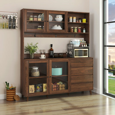 63" W Large Kitchen Hutch Cabinet, Freestanding Pantry Cabinets Storage Kitchen Cupboard With 4 Doors, 4 Drawers & Microwave Shelf