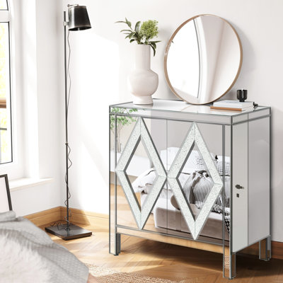 Armoire de rangement à garniture de miroir avec motif en losanges, argent pour le salon, la salle à manger, le vestibule, la cuisine - fabrication robuste et garniture en verre durable