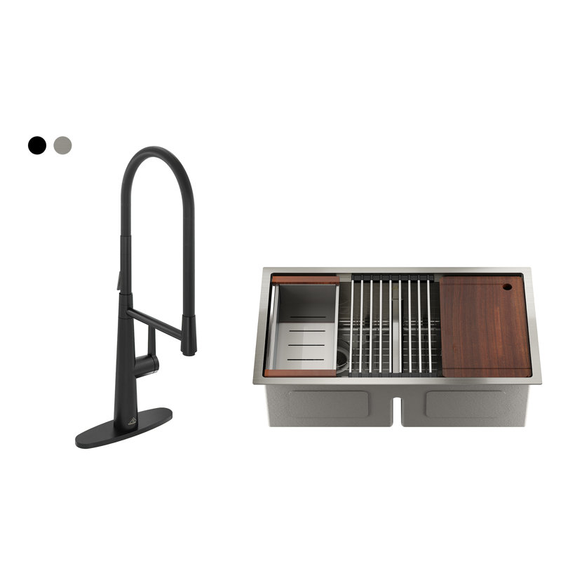 33'' L Double Bowl Stainless Steel Kitchen Sink, Silver/Black