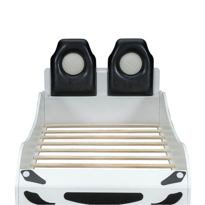 Wooden race car-shaped platform bed with LED lights and padded headrest